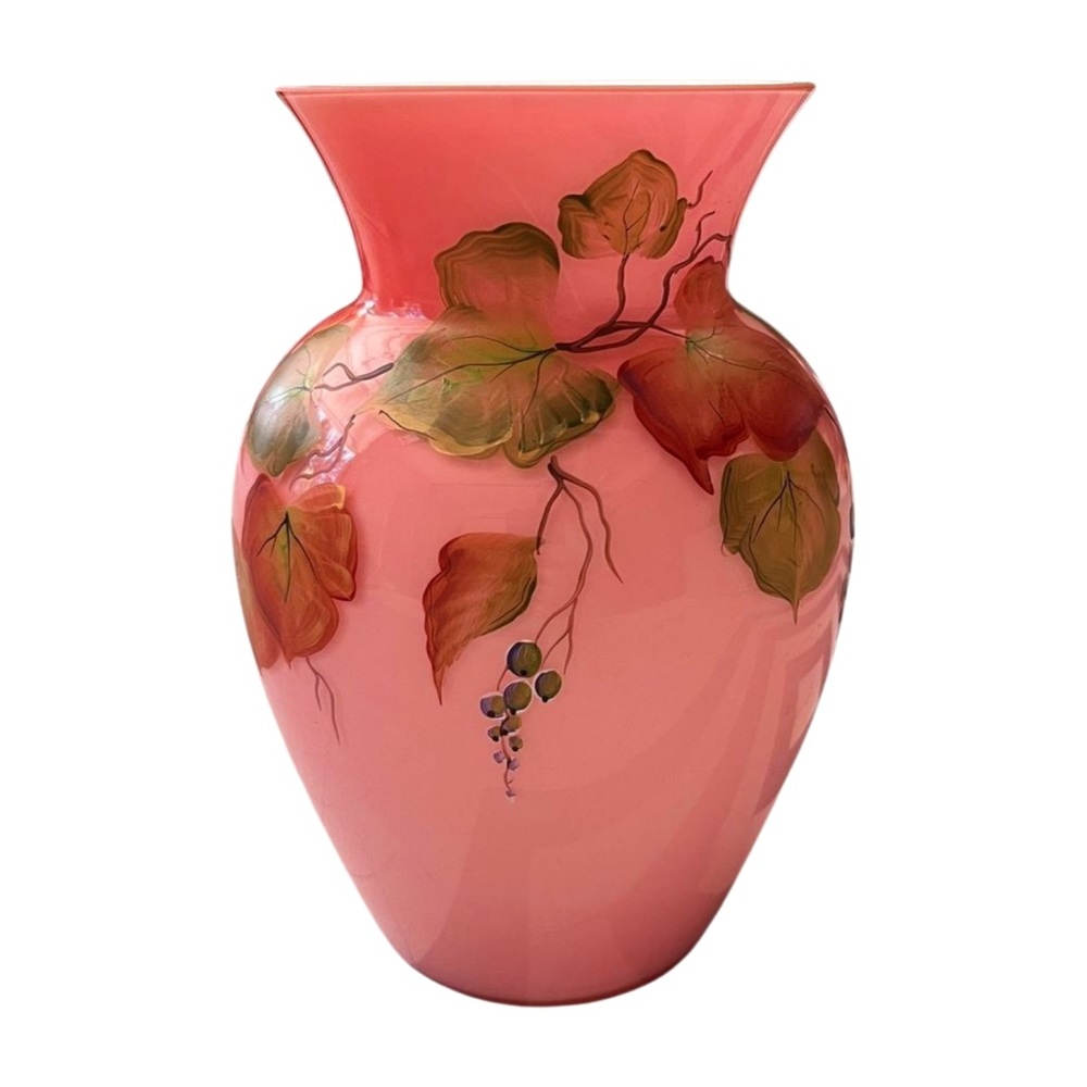 Fenton Autumn Leaves CORAL OVERLAY VASE, Signed by Shelley, Centennial 2002